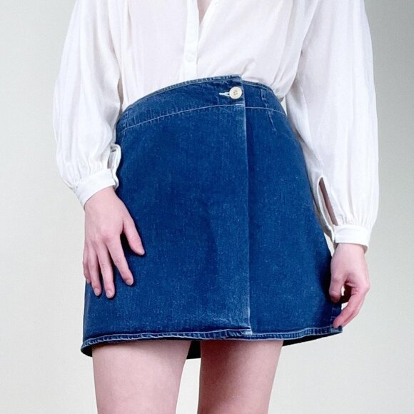 Vintage French Denim Jean Wrap Mini Skirt High Waisted Coastal Cowgirl 90s Y2K - Picture 2 of 8